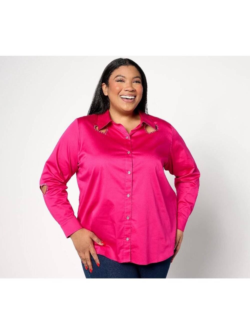 Attitudes by Renee Shirt Large Woven Heart Cutout Button Front Lipstick Pink NEW